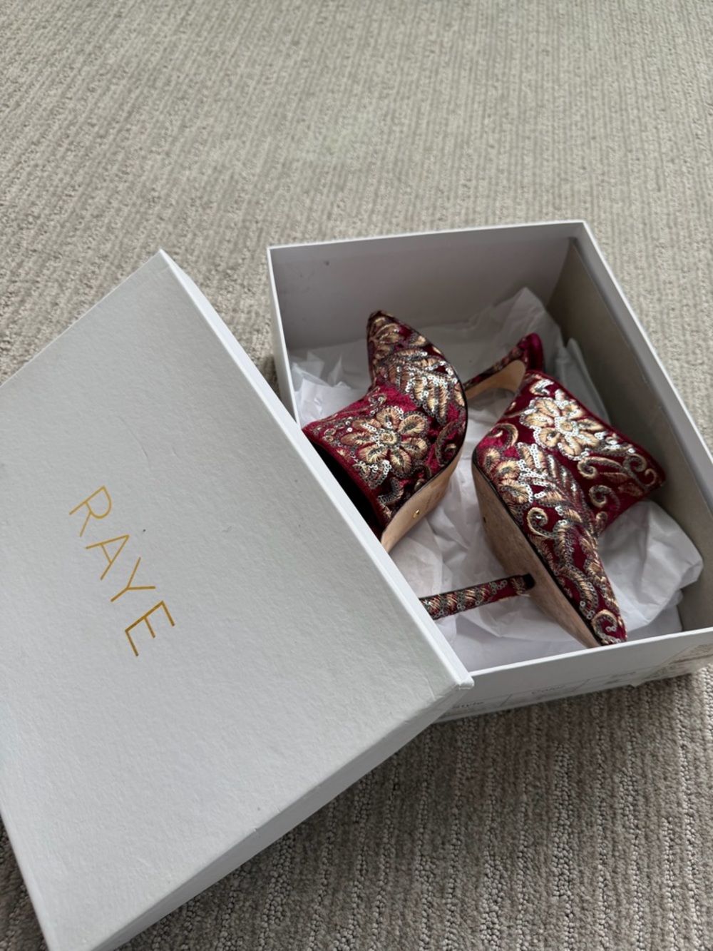 RAYE Burgundy and Gold Embroidered Pointed Toe Heels